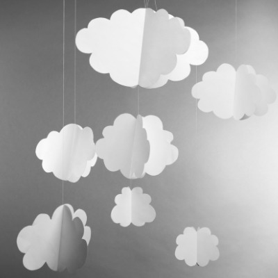 Paper clouds hung from strings